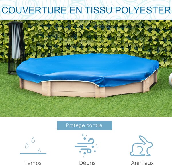 Outsunny Osmiúhelníkový Dřevěný Pískoviště 139,5L x 139,5W x 21,5H cm - 4 Lavice - Krycí Plachta, Netkaná Podložka Součástí - Předem Olejovaný Štěp |