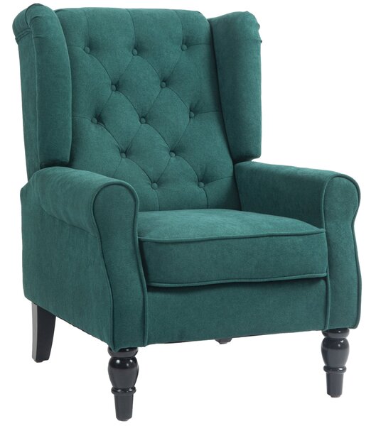 HOMCOM Křeslo do Obývacího Pokoje, Opěrka s Knoflíky a Dřevěné Nohy, Široké Sedadlo, Skvělý Komfort, Klasický Styl, 74 x 86 x 102 cm, Zelené | Aosom