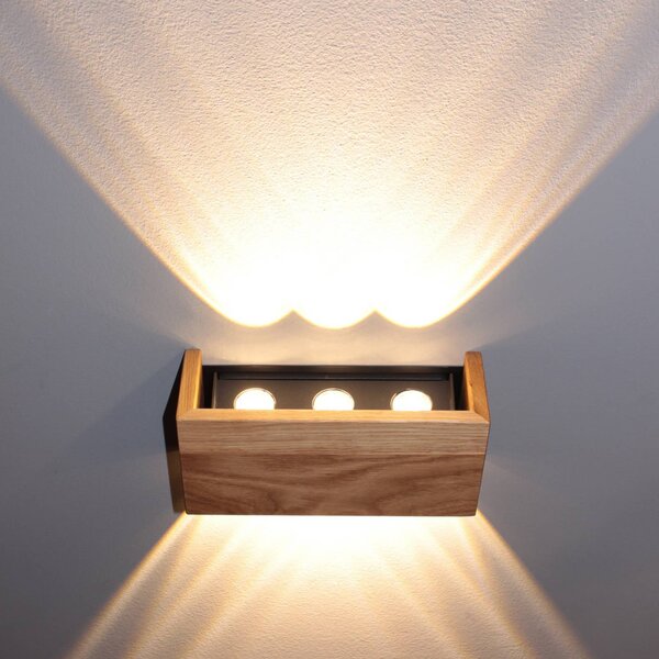 FISCHER & HONSEL LED nástěnné světlo Shine-Wood, šířka 21 cm, dub/černá, dřevo, Světlé dřevo, Obývací pokoj / jídelna, Dřevo