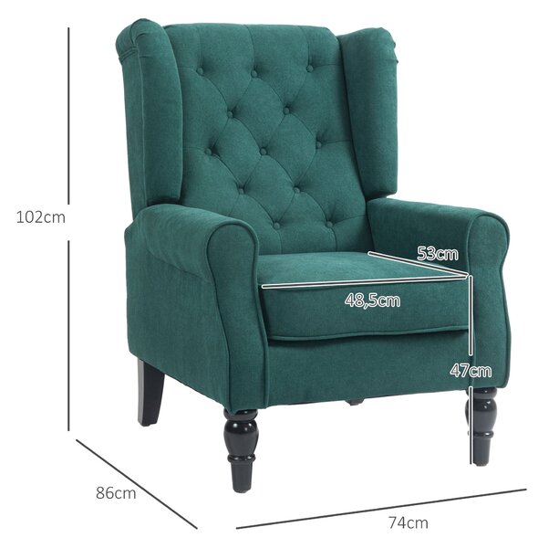 HOMCOM Křeslo do Obývacího Pokoje, Opěrka s Knoflíky a Dřevěné Nohy, Široké Sedadlo, Skvělý Komfort, Klasický Styl, 74 x 86 x 102 cm, Zelené | Aosom
