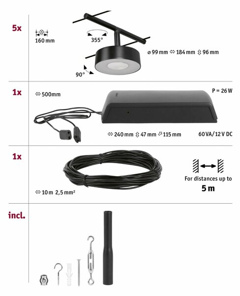 PAULMANN LED lankový systém Circle základní sada 5x5W 3000K 230/12V černá mat/chrom
