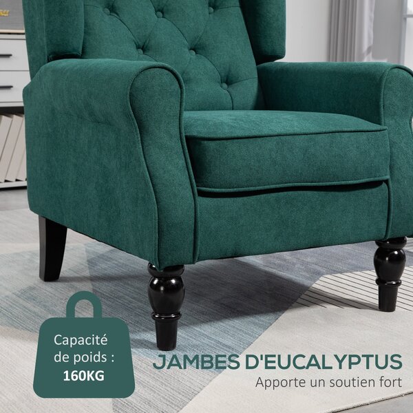 HOMCOM Křeslo do Obývacího Pokoje, Opěrka s Knoflíky a Dřevěné Nohy, Široké Sedadlo, Skvělý Komfort, Klasický Styl, 74 x 86 x 102 cm, Zelené | Aosom