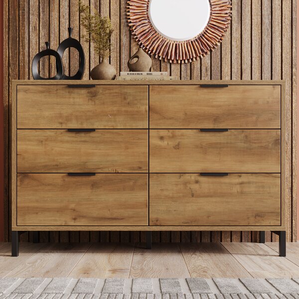 Komoda Sweiko, příborník se 6 zásuvkami, 120 x 40 x 76 cm, tmavý dub, příborník do ložnice a všech obytných místností