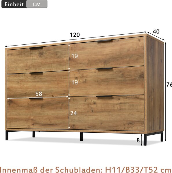 Komoda Sweiko, příborník se 6 zásuvkami, 120 x 40 x 76 cm, tmavý dub, příborník do ložnice a všech obytných místností