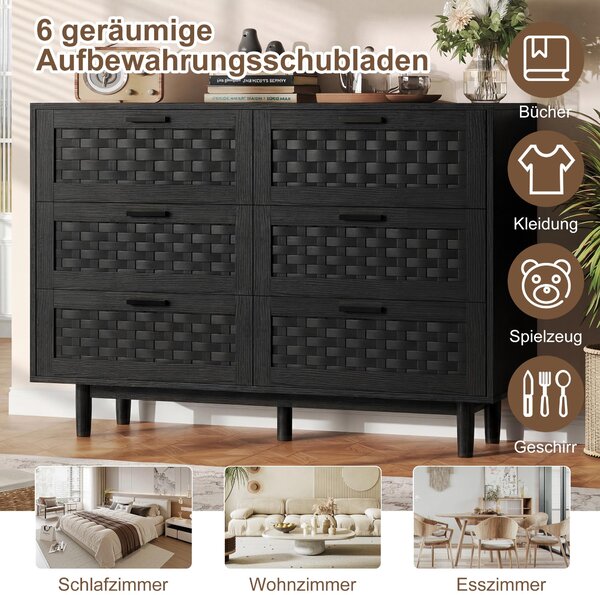 Komoda UnboxG se 6 zásuvkami v černé barvě, dřevotřísková deska s imitací ratanu, rozměry 115 x 40 x 80 cm, pevná úložná skříňka do obývacího pokoje, ložnice nebo jídelny