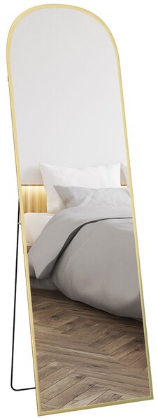 HOMCOM Podlahové Zrcadlo, Obdélníkové Zrcadlo na Stěnu, Zaoblené, Hliníkový Rám, Stojící Zrcadlo s Podstavcem pro Předsíň, Ložnici, Šatnu, 50 x 161,5