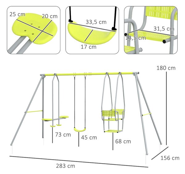 Outsunny 3-v-1 Dětské houpačky s 1 standardní sedačkou a 3 houpačkami, kovový rám, maximální zatížení 225 kg, venkovní herní plocha, zelená | Aosom