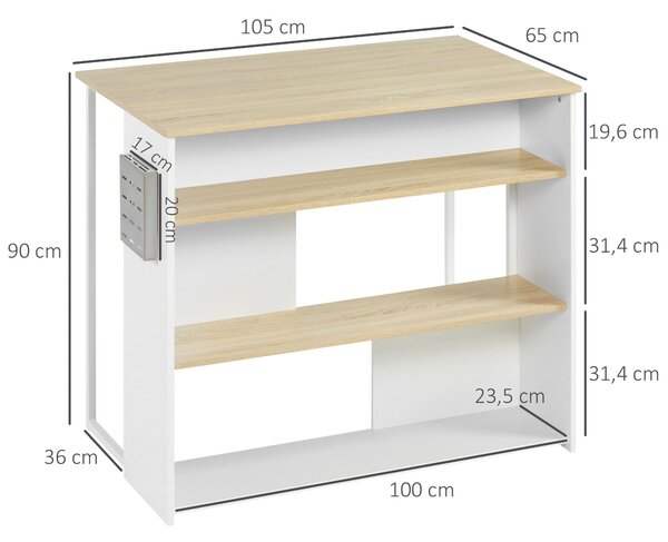 HOMCOM Kuchyňský Barový Stůl se 3 Policemi a Držákem Nožů z Nerezové Oceli, 105 x 65 x 90 cm, Bílá a Přirozená | Aosom