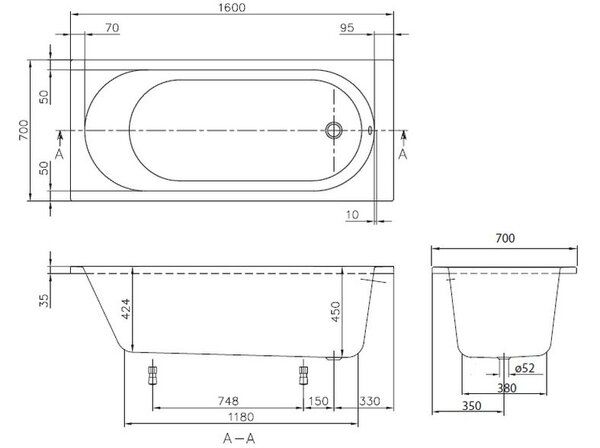 Villeroy & Boch O.Novo obdélníková vana 160x70 cm bílá UBA160CAS2V-01