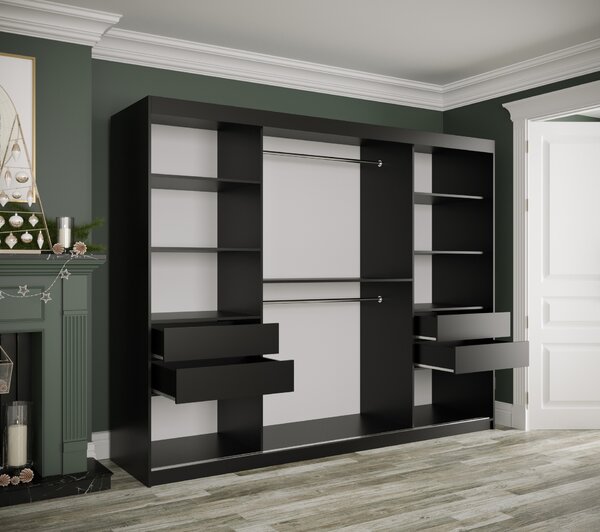 Šatní skříň 250 cm Marbelo P (matná černá + černý mramor)
