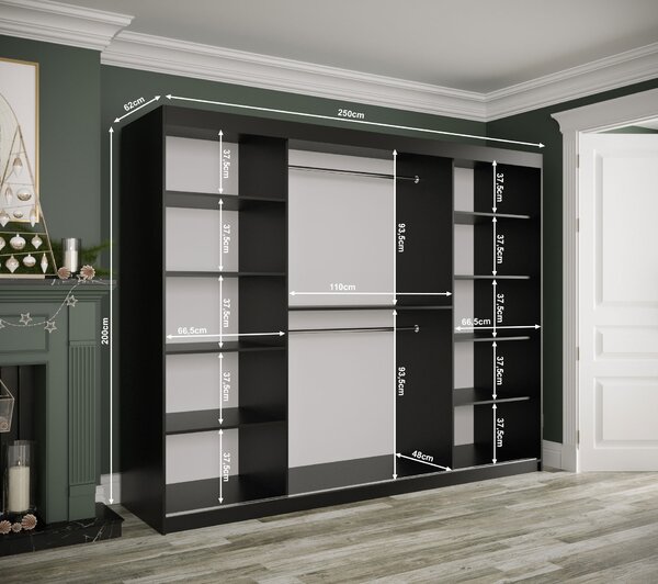 Šatní skříň 250 cm Marbelo P (matná černá + černý mramor)