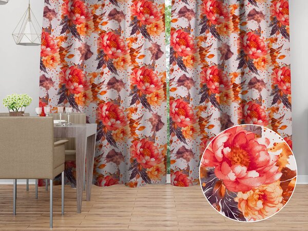 Biante Bavlněný závěs Sandra SA-600 Velké červeno-růžovo-oranžové květy pivoňky na bílém 150x140 cm