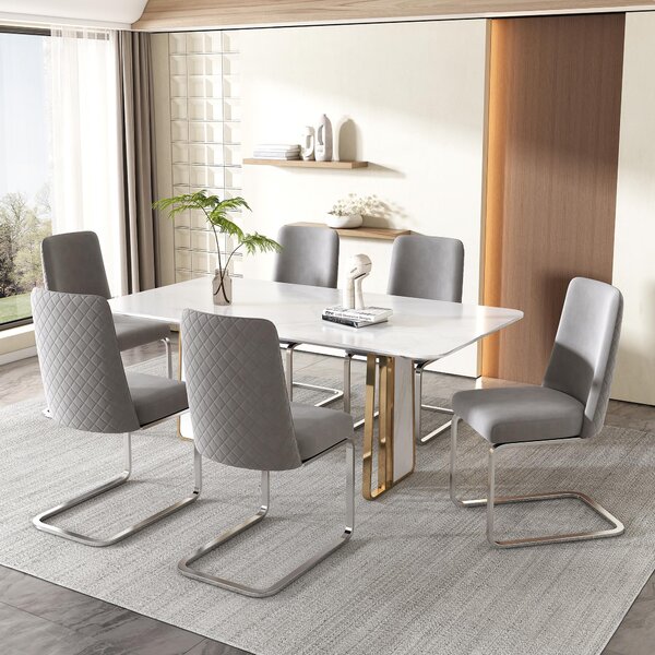 Sweiko sametová jídelní židle, sada 2 kusů, obývací pokoj, ložnice, židle do obývacího pokoje, diamantový design opěradla, se stříbrnými kovovými podpěrami, šedá barva