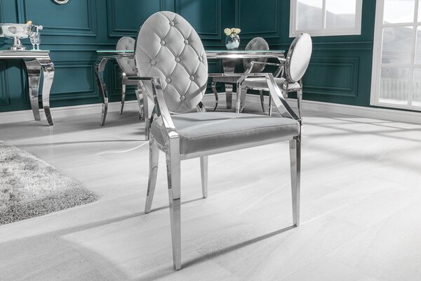 Riess-ambiente Elegantní židle MODERN BAROCK ušlechtile šedý samet s područkami a ozdobnými knoflíky Jídelní židle Jídelní židle Čalouněná židle
