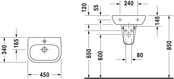 Duravit D-Code umyvadlo 45x34 cm polokulatý klasický bílá lesk 07054500002