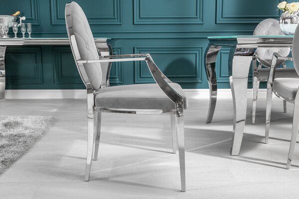 Riess-ambiente Elegantní židle MODERN BAROCK ušlechtile šedý samet s područkami a ozdobnými knoflíky Jídelní židle Jídelní židle Čalouněná židle