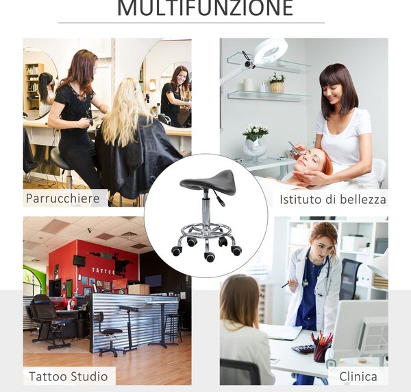 HOMCOM Vysoké Křeslo na Kolečkách, Výškově Nastavitelné, Polstrované Ergonomické Pěnové Sedadlo, Moderní a Univerzální Design, 36,5x37,5x51-66 cm, Čer