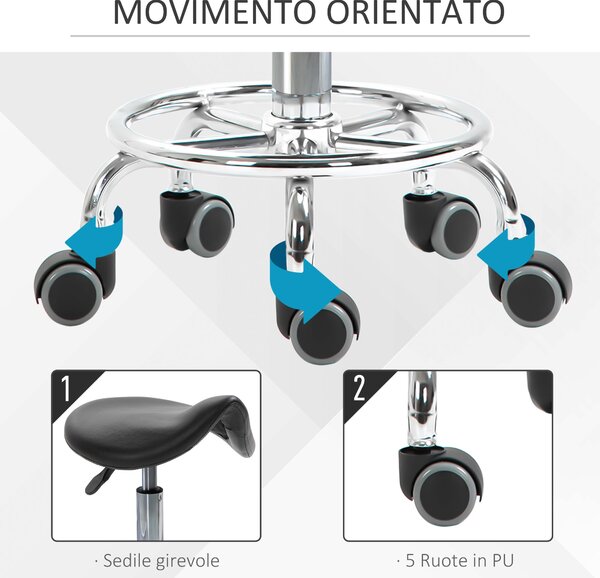 HOMCOM Vysoké Křeslo na Kolečkách, Výškově Nastavitelné, Polstrované Ergonomické Pěnové Sedadlo, Moderní a Univerzální Design, 36,5x37,5x51-66 cm, Čer