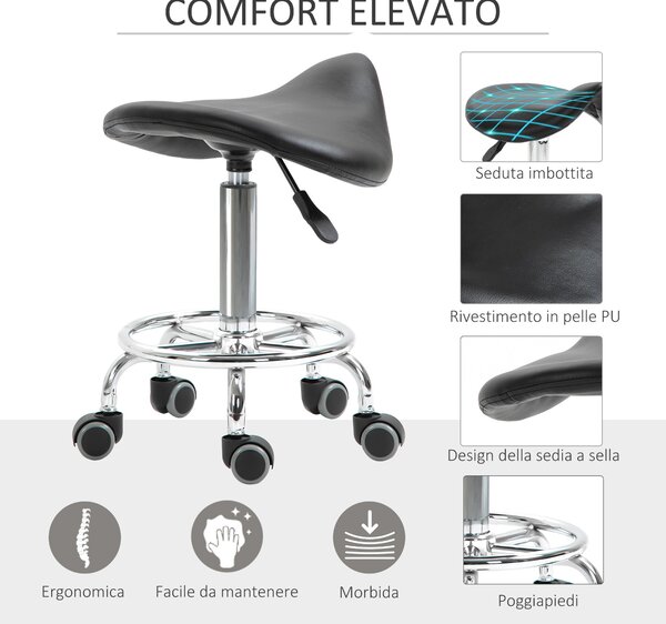 HOMCOM Vysoké Křeslo na Kolečkách, Výškově Nastavitelné, Polstrované Ergonomické Pěnové Sedadlo, Moderní a Univerzální Design, 36,5x37,5x51-66 cm, Čer
