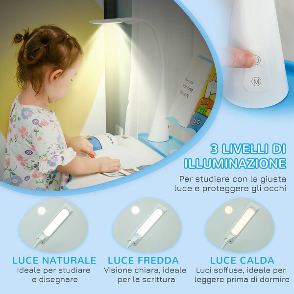HOMCOM Dětský Stůl se Židlí pro Děti ve Věku 6-12 Let, Nastavitelná Výška, Stůl s Náklonem 45° a LED Lampa, Ocel a MDF, Modrá | Aosom