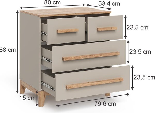 Kredenc Vitalispa Malia Kašmír/Řemeselné 80 x 88 cm se 4 zásuvkami, Model 58364