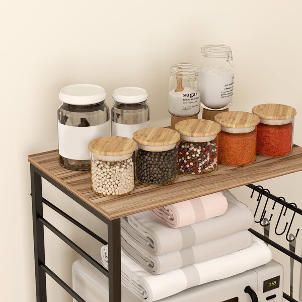 HOMCOM 3-vrstvá kuchyňská police s kolečky a 4 háčky, průmyslový styl, ocelová konstrukce, 60x40x84 cm, teak | Aosom
