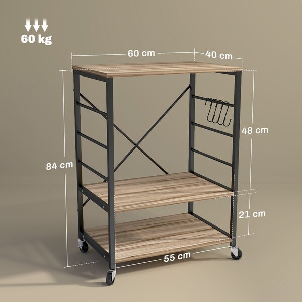 HOMCOM 3-vrstvá kuchyňská police s kolečky a 4 háčky, průmyslový styl, ocelová konstrukce, 60x40x84 cm, teak | Aosom