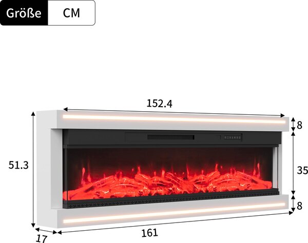 Elektrický krb Fortuna Lai 750W/1500W, plovoucí nástěnný krb s ohřevem, LED, dálkové ovládání, 12 barev plamene, dálkové ovládání, 152,5 x 51,3 x 17 cm, bílý