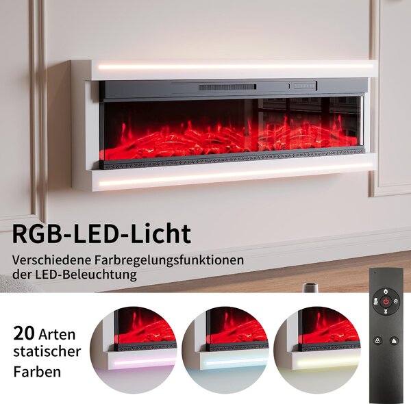 Elektrický krb Fortuna Lai 750W/1500W, plovoucí nástěnný krb s ohřevem, LED, dálkové ovládání, 12 barev plamene, dálkové ovládání, 152,5 x 51,3 x 17 cm, bílý