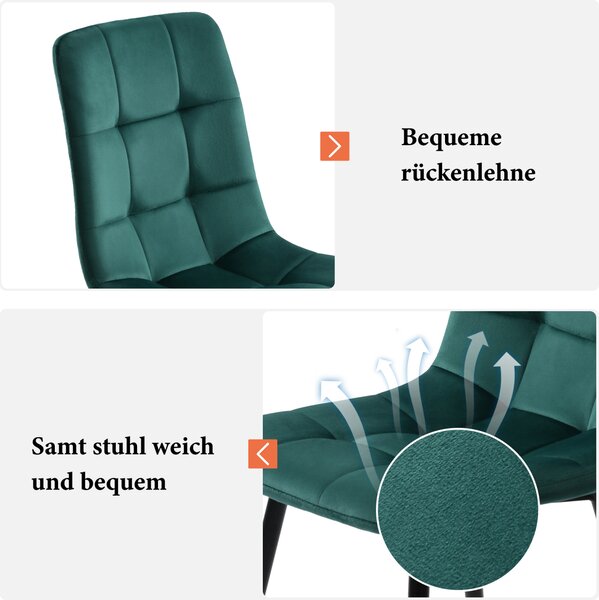 4dílná jídelní židle, sametový sedák, černé kovové nohy s opěradlem, zelená barva