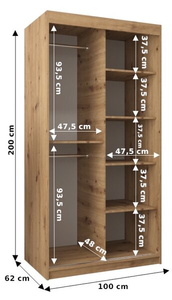 Šatní skříň 100 cm Toki 3 (Černá matná + Dub artisan)