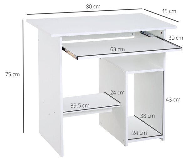 HOMCOM Úsporný stůl pro domov a kancelář, moderní počítačový stůl, držák CPU, dřevěná klávesnicová police, 80x45x75cm, bílý | Aosom