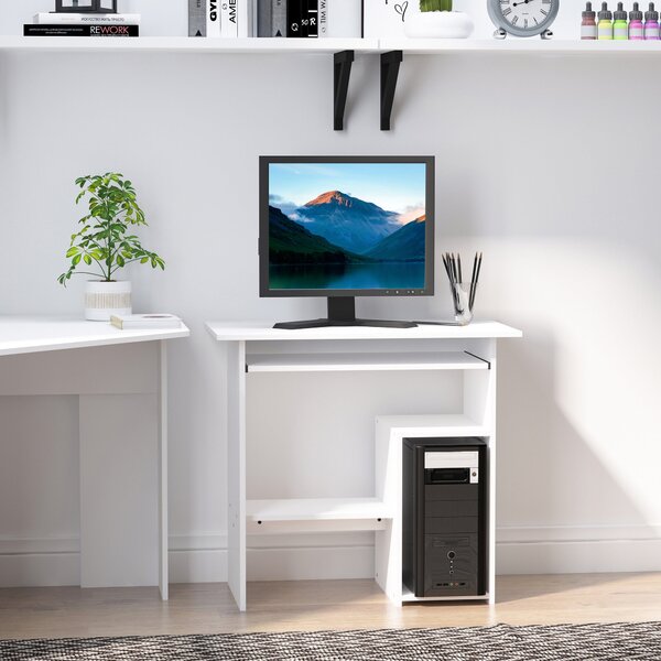 HOMCOM Úsporný stůl pro domov a kancelář, moderní počítačový stůl, držák CPU, dřevěná klávesnicová police, 80x45x75cm, bílý | Aosom