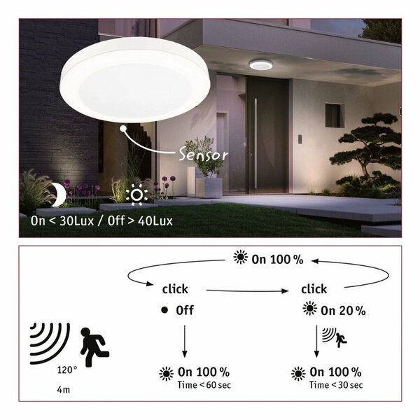 PAULMANN LED stropní svítidlo Circula soumrakový senzor a pohybové čidlo pohybové čidlo teplá bílá IP44 kruhové 320mm 3000K 14W 230V béžová umělá hmota
