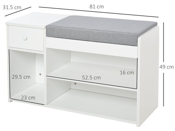 HOMCOM botník s polstrováním, šuplíkem a 3 otevřenými přihrádkami, dřevěný nábytek do chodby 81x31,5x49cm, bílý | Aosom