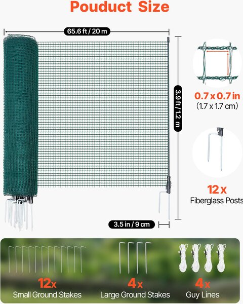 SucceBuy ohradní plot 20 x 1,2 m z PE, flexibilní plot s dvojitými špičatými sloupky a napínacími lany, ideální pro psy, slepice, rostliny a různé venkovní prostory, jako jsou zahrady a kempy