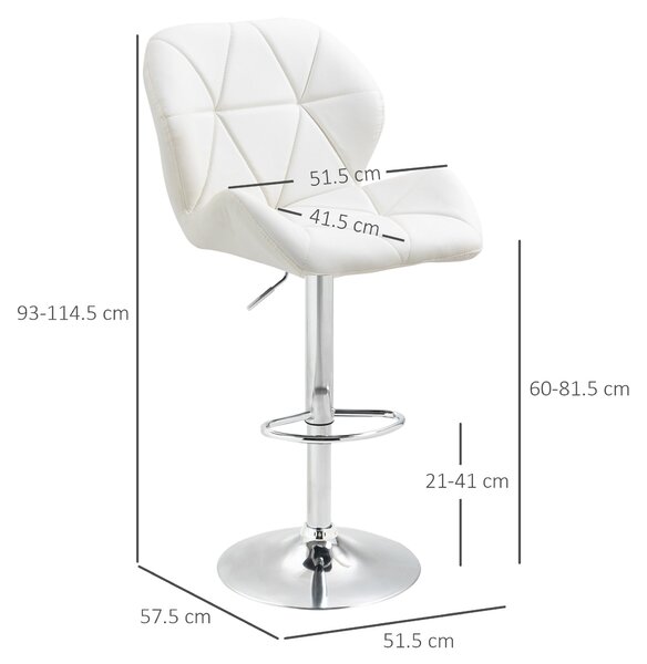 HOMCOM Set 2 Barových Židlí s Nastavitelnou Výškou, Kovová Základna a Sedadlo z PU Kůže, Židle s Opěradlem a Opěrkou Nohou, 51,5x57,5x93-114,5cm, Bílá