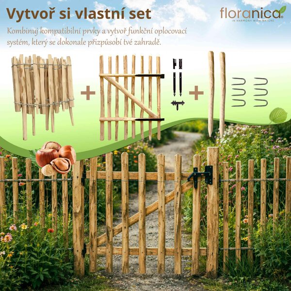 Floranica laťkový plot z lísky se sloupky, výška 50 cm x 5 m, rozestup latí 8–10, dřevěný zahradní plot, selský plot, plot k jezírku