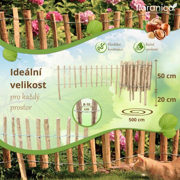 Floranica laťkový plot z lísky se sloupky, výška 50 cm x 5 m, rozestup latí 8–10, dřevěný zahradní plot, selský plot, plot k jezírku