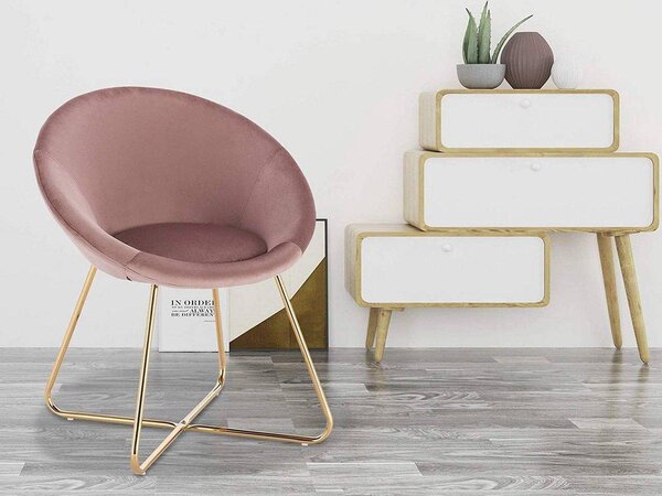 Jídelní židle Happyment Zita – růžový samet – kovové nohy – samostatná židle – křeslo – s područkami – moderní a – výška sedáku 44 cm – 1 kus