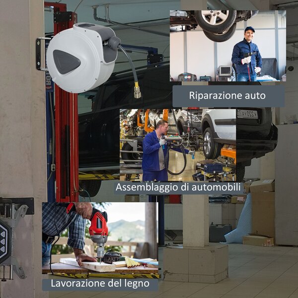 DURHAND Automatická navíjecí hadice 20m + 194cm s připojením Φ1/4'', montovatelná na zeď a otočná o 180°, šedá | Aosom
