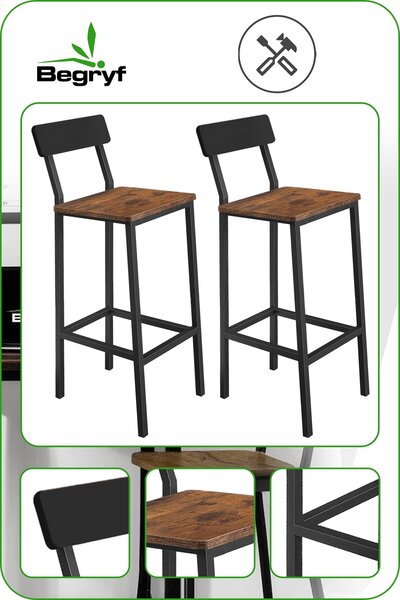 Sada 2 barových židlí BEGRYF s opěrkou – kuchyňské židle vysoké 65 cm, vintage dřevěné sedadlo a kovový rám, industriální design, židle k barovému stolu