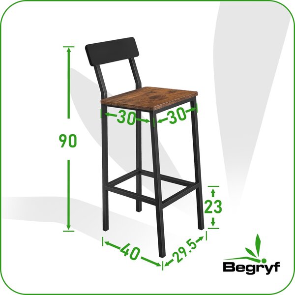 Sada 2 barových židlí BEGRYF s opěrkou – kuchyňské židle vysoké 65 cm, vintage dřevěné sedadlo a kovový rám, industriální design, židle k barovému stolu