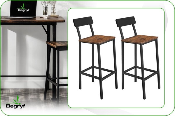 Sada 2 barových židlí BEGRYF s opěrkou – kuchyňské židle vysoké 65 cm, vintage dřevěné sedadlo a kovový rám, industriální design, židle k barovému stolu