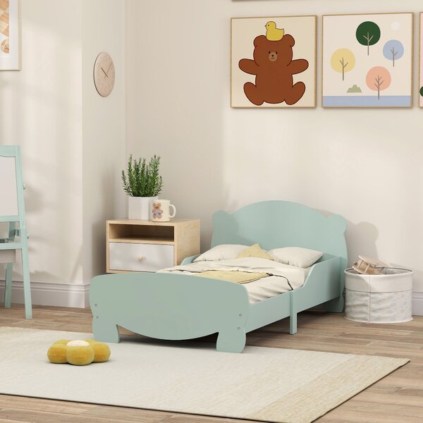 AIYAPLAY Montessori postel pro děti 3-6 let, 140x70 cm jednolůžková dětská postel s ochrannými zábranami a dřevěným rámem ve tvaru medvěda pro dětský