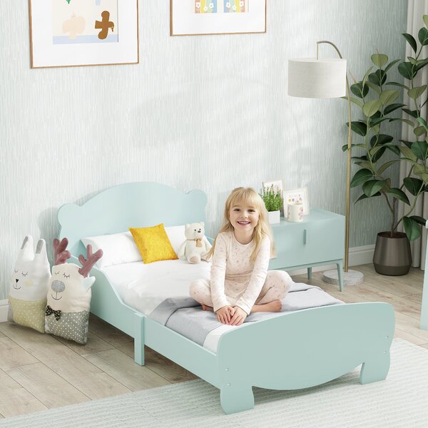 AIYAPLAY Montessori postel pro děti 3-6 let, 140x70 cm jednolůžková dětská postel s ochrannými zábranami a dřevěným rámem ve tvaru medvěda pro dětský