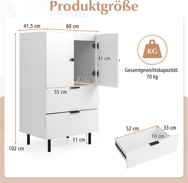 Dřevěný příborník COSTWAY, bufetová skříňka s kovovými nohami, zásuvkami a dvířky, úložná skříňka, 60x41,5x102cm, bílá
