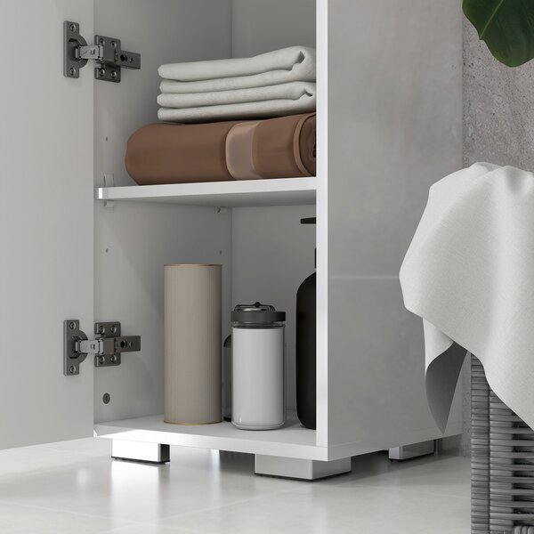 Kleankin sloupec pro úsporu místa do koupelny z MDF, koupelnová skříň s otevřenou policí, zásuvkou a uzavřenou skříňkou, 37x32,5x170 cm, leskle bílá |