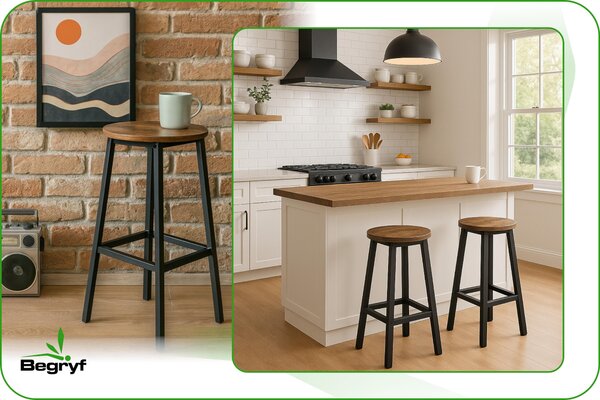 BEGRYF barová stolička kulatá sada 2 kusů - barová stolička vysoká 65 cm, vintage vzhled dřeva, černý kovový rám, industriální design do kuchyně a na pult