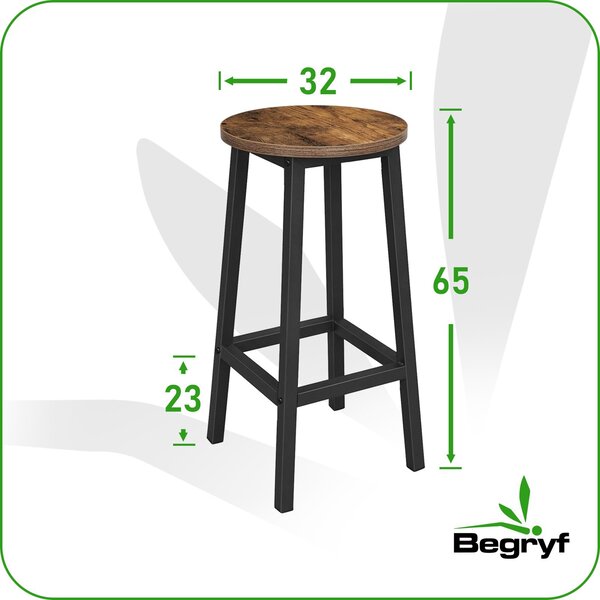 BEGRYF barová stolička kulatá sada 2 kusů - barová stolička vysoká 65 cm, vintage vzhled dřeva, černý kovový rám, industriální design do kuchyně a na pult